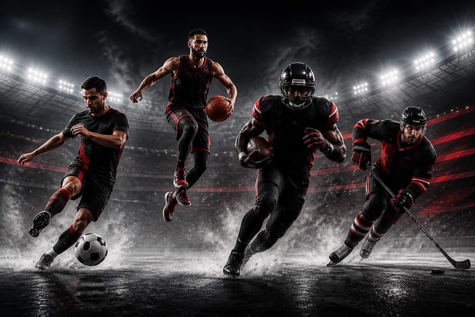 Four athletes competing under stadium lights